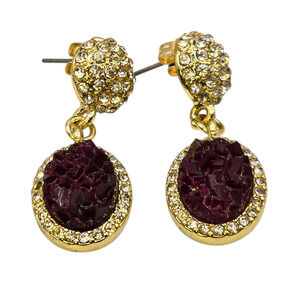 Earrings Pierced Purple Druzy Pave Oval Drop Dangle Gold Tone Rhinestone KL Logo
